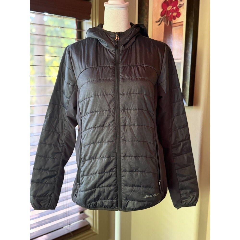 Eddie Bauer Jacket Womens Small Gray Black Hybrid Quilted Hooded Full Zip